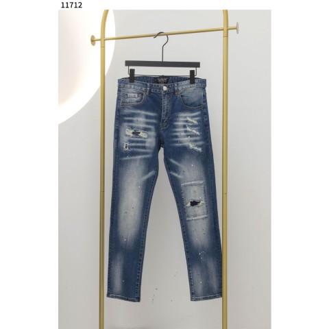 필**** 남성 페인팅 패치워크 일자 청바지