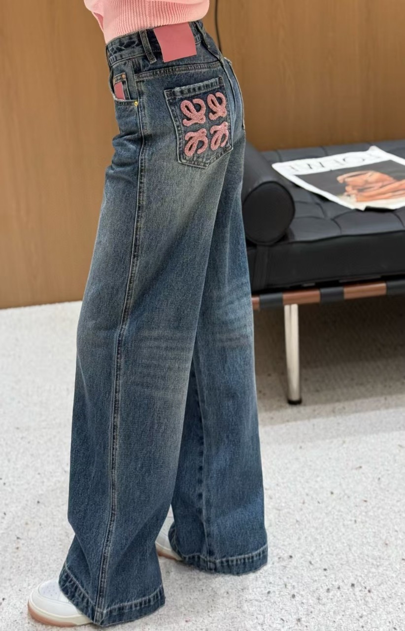 로** 여성 자수패치 와이드 데님진